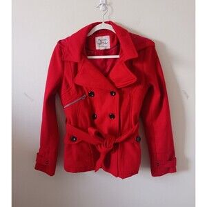 Maralyn & Me Pea Coat Jacket‎ Double Breasted Hooded Red Size M